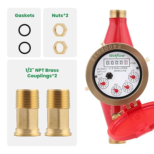 Watflow DN15 Water Meter 1/2" NPT,AWWA C708 Certification Gallon Water Flow Meter, Cold and Hot Water Meter for Garden/Home/Apartment, Horizontal Install.