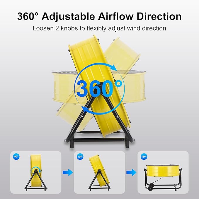 Uthfy 24 Inch High Velocity Floor Fan, 8800CFM Heavy Duty Industrial Drum Fan with 3 Speeds, 360° Tilt Metal Garage Fan with Wheels for Warehouse, Commercial, Workshop, Factory and Gym, Yellow