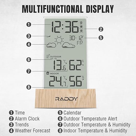 Raddy V5 Wireless Weather Station for Indoor Outdoor Thermometer Hygrometer, Battery Powered Temperature & Humidity Monitor with 5.0’’ LCD Display, Weather Forecast, Wireless Remote Sensor