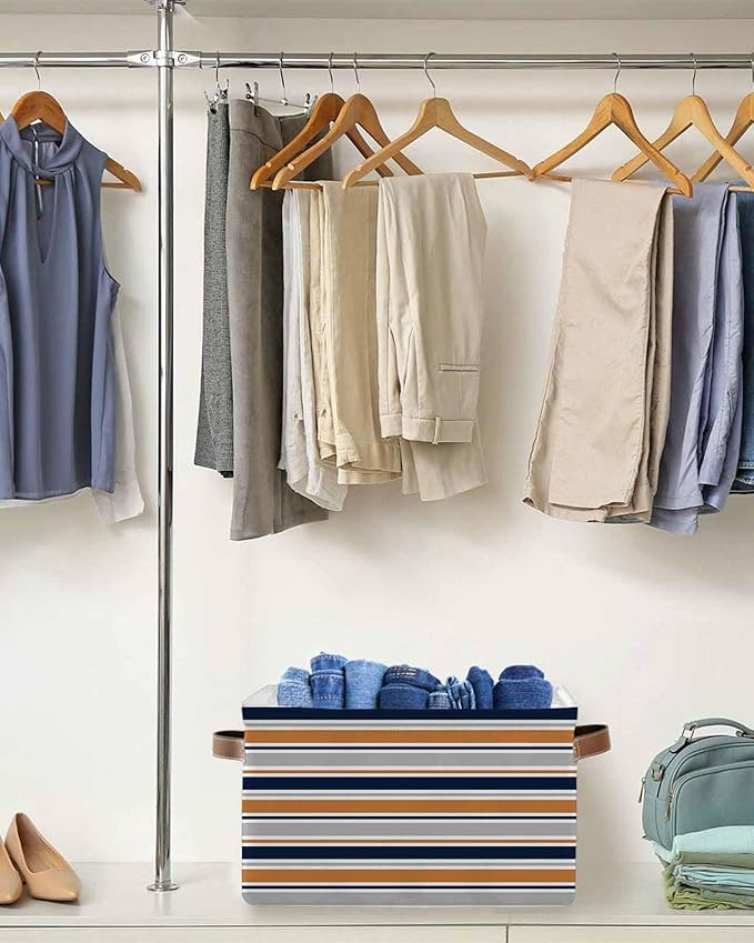 Orange Grey Striped Storage Bins Cubes Waterproof Cloth Storage Basket,Farmhouse Stripes Modern Abstract Art Foldable Storage Bags for Shelf Clothes Storages Organizers with Handles 15x11x9.5 in 1PCS