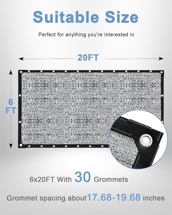 vensovo 85% Aluminum Shade Cloth - Reflective Aluminium Shade Netting Sun Shade Cover with Grommets for Cars, Dogs, Outdoor, RV, Patio (6x20FT)