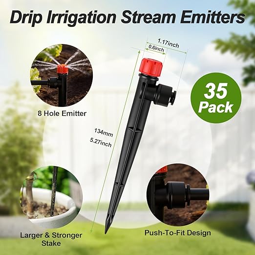 RedChili 35 Pieces Quick Connect Drip Emitters for 1/4" Drip Irrigation Tubing, Adjustable 360 Degree Stream Drip Emitters with Stake 360° Full Circle 8 Hole Stream Drippers for Garden Watering System
