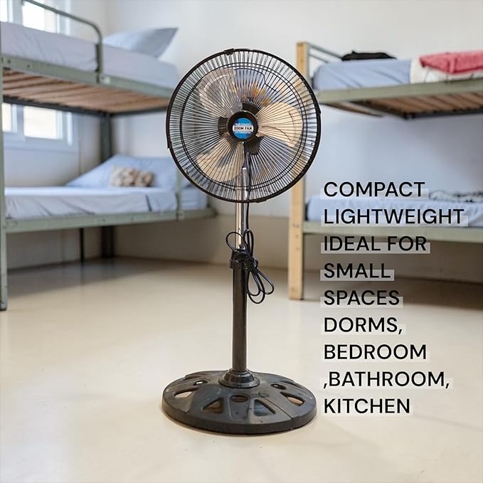 ZOOM 12 Inch 360 Degree Oscillation Pedestal Dormroom Fan 1 pack with 2in1 USB/Luggage Lock, Black Silver, 3 Speed, Adjustable Height, for Dorms, Bedroom, Livingroom, Garage