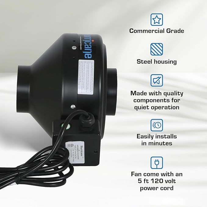 Hurricane Commercial Grade Inline Fan for Phresh and Black Ops Carbon Filters, Ideal-Air Ducting and Clamps and Titan Controls Ventilation Controllers
