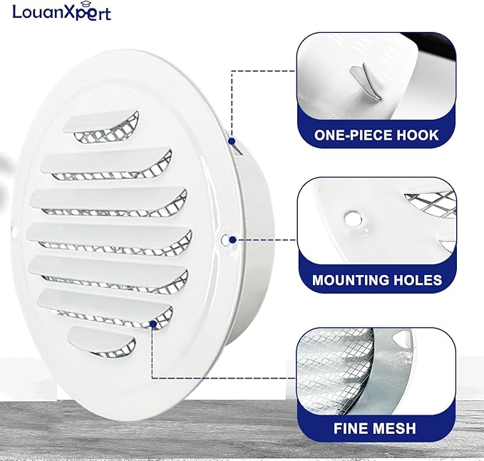 4 Inch Round Air Vent Cover,LouanXpert White Stainless Steel Soffit Vent Cover Louvered Grille Exterior Wall Vent Cover with Built-in Fine Mesh for House, Office,Garage, RV(100mm - 2PCS)