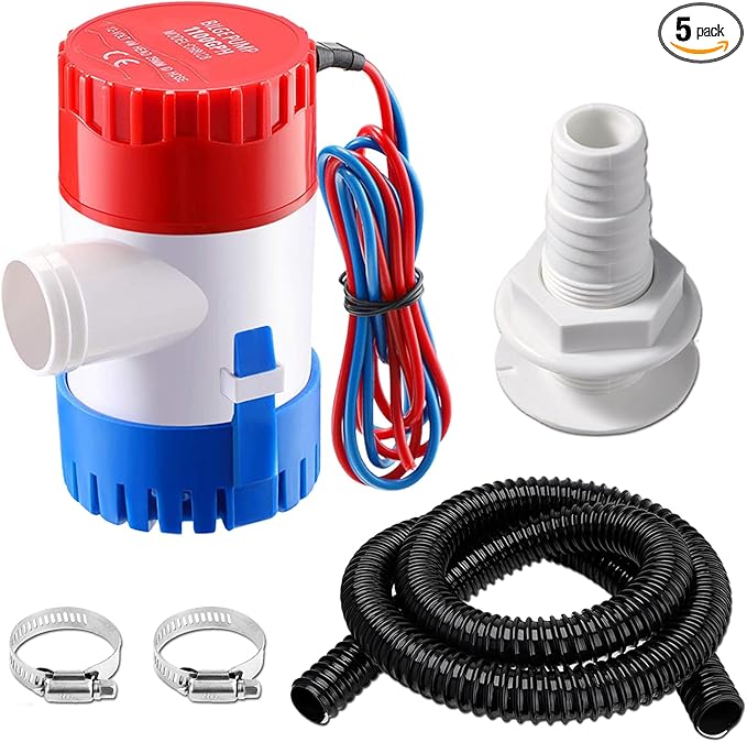 1100GPH Marine Bilge Pump 12V Submersible 1-1/8 inch Diameter Electic Rule Bilge Water Pump Plumbing Kit with 6FT Hose 2Pcs Clamps and Through Hull Fittings for Boat RV Yacht Caravan