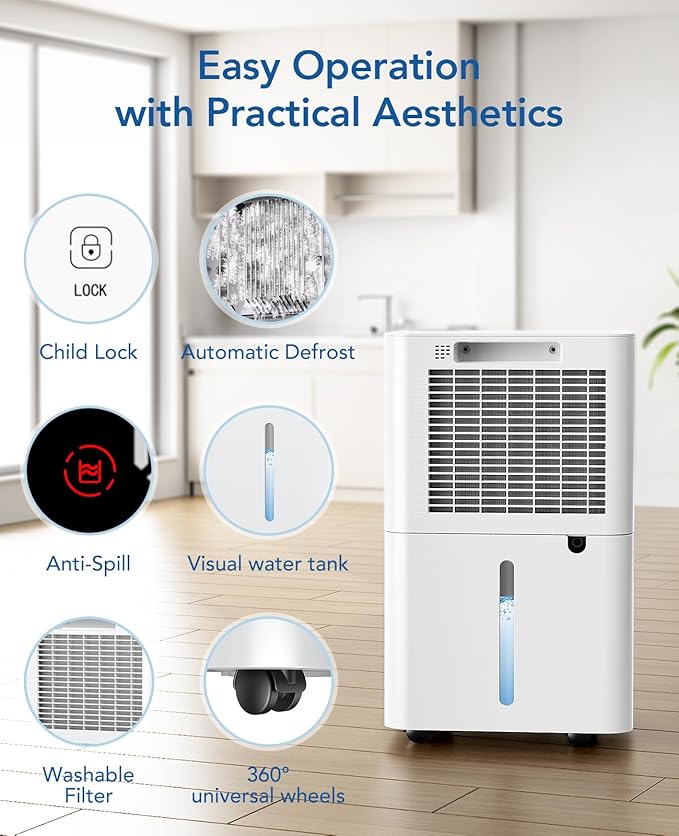 2500 Sq.Ft Dehumidifier for Basement with Drain Hose Max 34 Pints, Dehumidifiers for Home Large Room Bathroom Bedroom, 3 Modes, Smart Humidity Control, Auto Defrost, 24H Timer, Sleep Mode