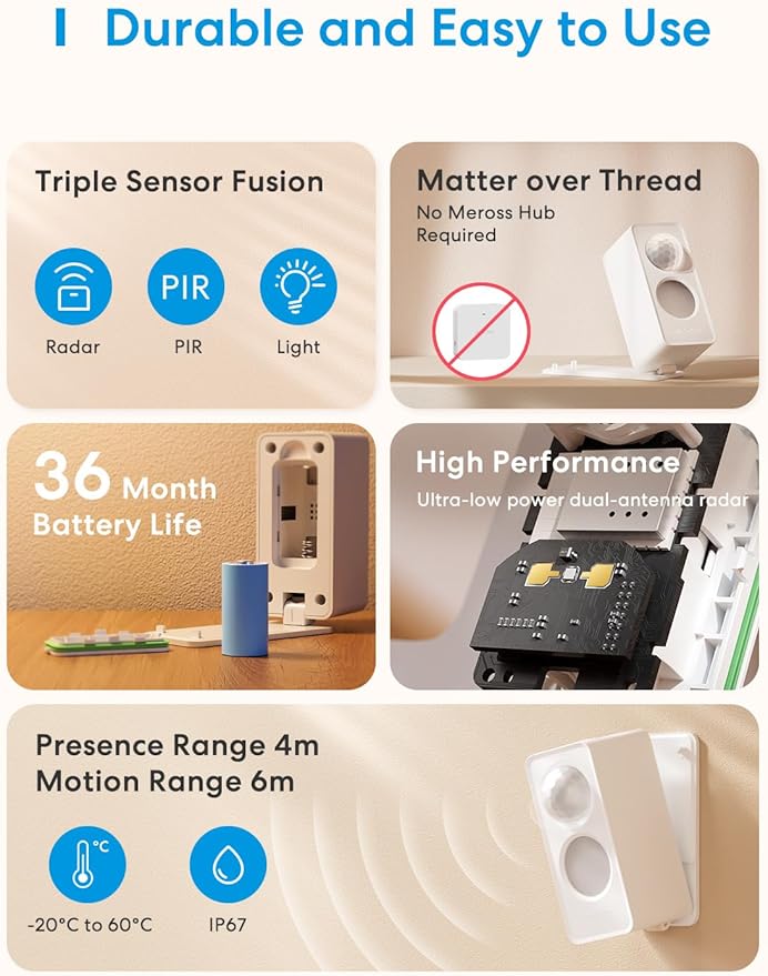 meross Matter Presence Sensor MS605, Battery-Powered 4-in-1 Smart Motion Sensor with AI Learning, IP67 PIR & Light & mmWave Radar, Matter Over Thread, Supports Home Assistant, HomeKit, Alexa (1 Pack)