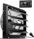 HG Power 16 Inch Attic Fan with Thermostat, 1681 CFM Shutter Exhaust Fan with Smart Temperature Humidity Controller, Wall Mounted Greenhouse Fan with EC Motor for Garage, Shed Ventilation, Black