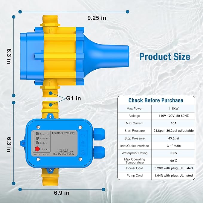 Smart Pressure Switch for Well Pump, Automatic Water Pumps Switch, Dry-running Protection for Submersible/Shallow Well/Garden/Jet/Self-priming Pump, Power&Pump Cable Included, 110V-120V