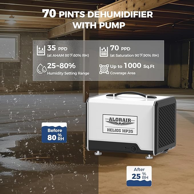 ALORAIR 70 Pints Crawl Space Dehumidifier with Pump and Drain Hose, Compact Basement & Commercial Dehumidifier for Water Damage Restoration, Covers Up to 1,000 Sq. Ft., 5-Year Limited Warranty