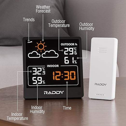 Raddy WF-50V Indoor Outdoor Thermometer Hygrometer, Wireless Weather Station Temperature & Humidity Monitor with 5.0’’ VA Display, USB-C Powered, Weather Forecast, Wireless Remote Sensor (Black)