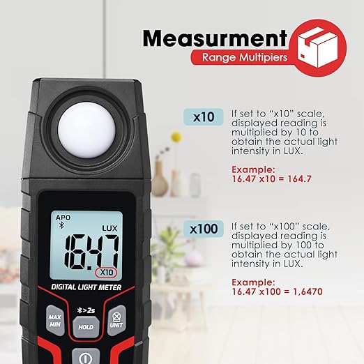Bluetooth Lux Meter Light Meter, 0.1~200,000Lux Range Light Meter for Plants and Photography, Wireless Light Meter with App Real-time Monitoring, Data Logging and Data Export