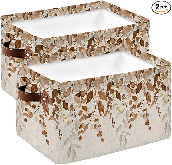 Brown Orange Eucalyptus Storage Bins Cubes Waterproof Cloth Storage Basket,Farmhouse Weeping Leaves Linen Foldable Storage Bags for Shelf Clothes Storages Organizers with Handles 15x11x9.5 in 2PCS