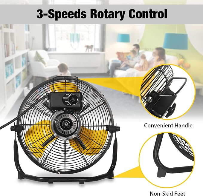 12 Inch Portable Metal Floor Fan, 3 Speed Table and Shop Fans with 180° Tilt, Quiet and Durable, High Velocity Fan 1600 CFM, Ideal for Bedroom, Garage, Workshop