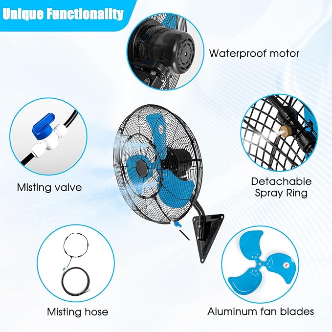 20" Wall Mount Fan with Misting, 7100CFM Heavy Duty Wall Fan with 3-Speed & Adjustable Tilt, High Velocity Industrial Oscillating Fans for Garage, Factory, Patio, Indoor, Greenhouse, Porch, ETL Listed