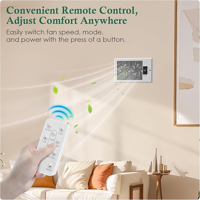 VallisCo Register Booster Fan 6" x 10" with Negative Ion, Manual Airflow Direction Control, Quiet 10-Speed Heating Cooling AC Vent Fan with Remote & Thermostat Control for Wall Floor, White