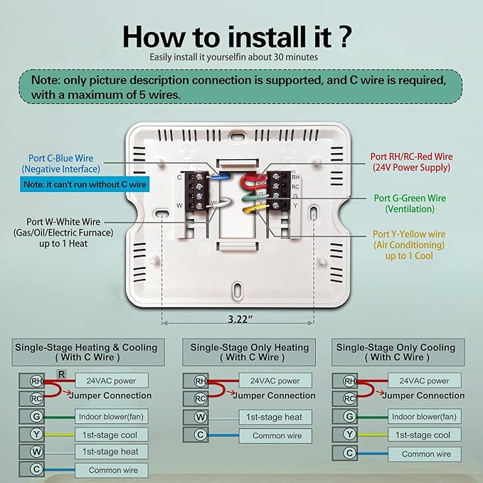 WiFi Thermostats for Home Smart Thermostat Single-Stage 1Heat/ 1Cool, APP Remote Control, 7-Day or 0-Day Programmable. (C-Wire Required)