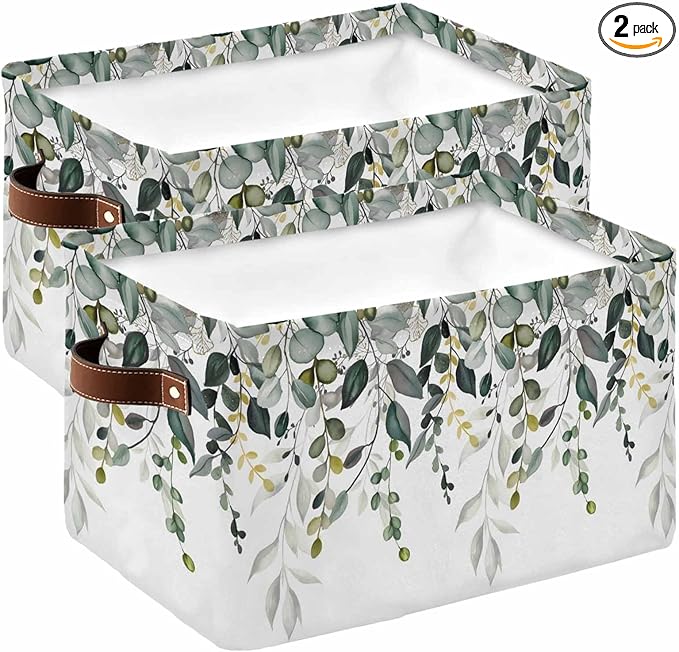 Green Eucalyptus Storage Bins Cubes Waterproof Cloth Storage Basket,Watercolor Spring Weeping Botanical Foldable Storage Bags for Shelf Clothes Storages Organizers with Handles 15x11x9.5 in 2PCS