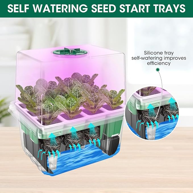 Self Watering Seed Starter Tray with Grow Light, 10-Pack 120-Cell Reusable Seed Starter Kit with Soft Silicone, Plant Germination Trays with Humidity Dome for Seeding Planting Growing