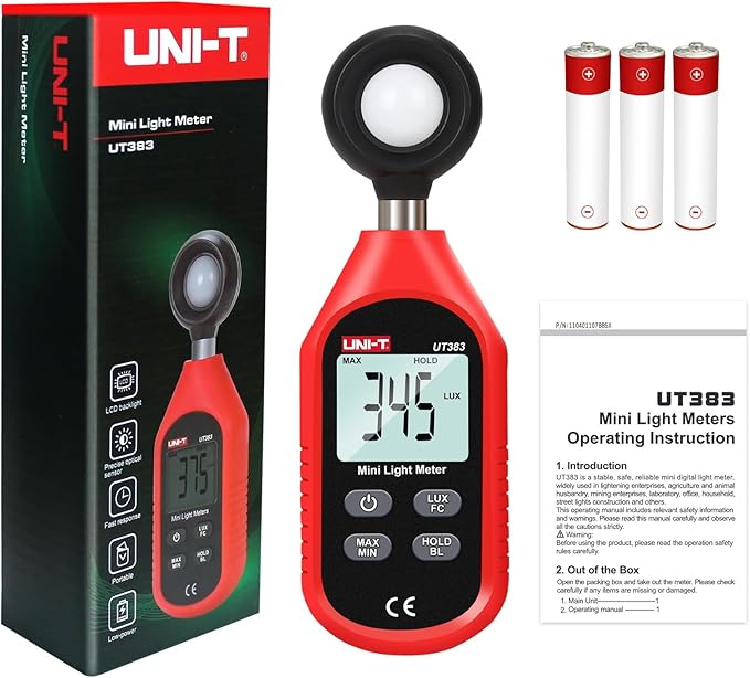 UNI-T UT383 Light Meter Lux Meter Lumens Digital Illuminance Meter 0~199,900 Lux (0~18,500 FC) Foot Candles Luxmeter for Film Photography Plants Photometer Lighting Intensity Brightness Measurement