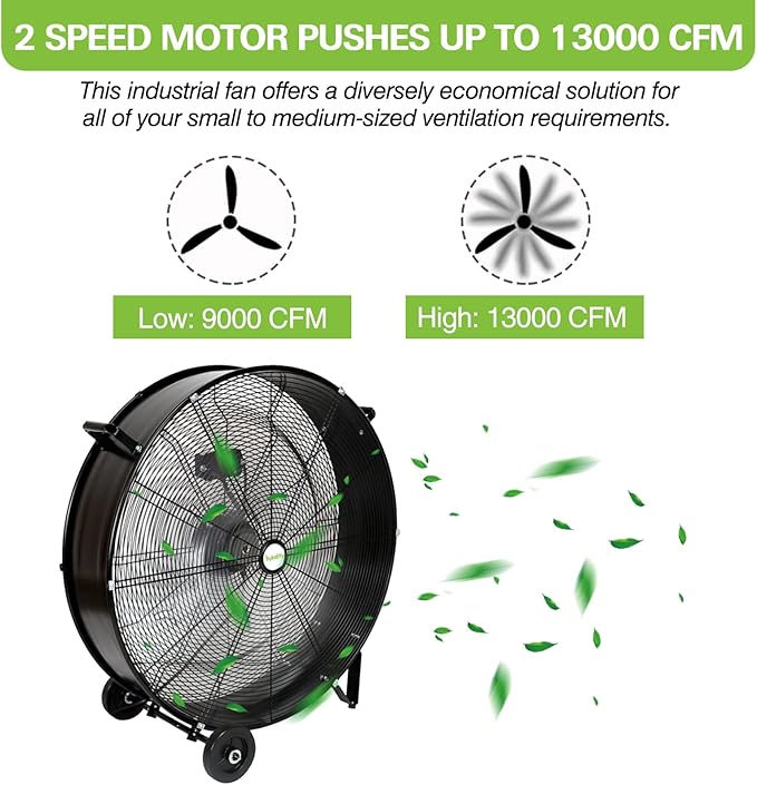 hykolity 30 inch High Velocity Drum Fan, 2-Speed Heavy Duty Industrial Shop Fan Up to 13000 CFM, Commercial Floor Fan for Warehouse, Workshop, Garage and Basement, Black