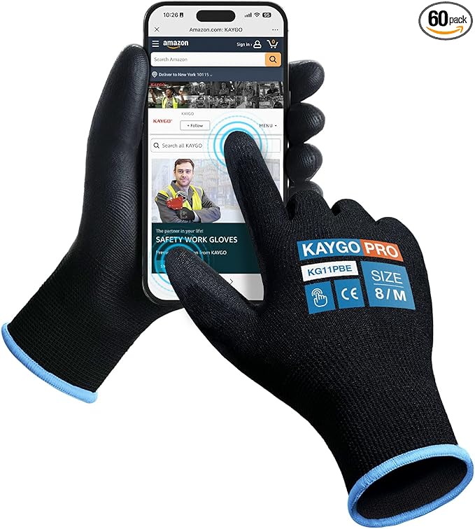 Work Gloves PU Coated for Men and Women, 60 Pairs Safety Work Gloves with Two Fingers Touchscreen, Breathable and Lightweight,Ideal for Light Warehouse, Manufacturing, Gardening, KG11P (M, Black)