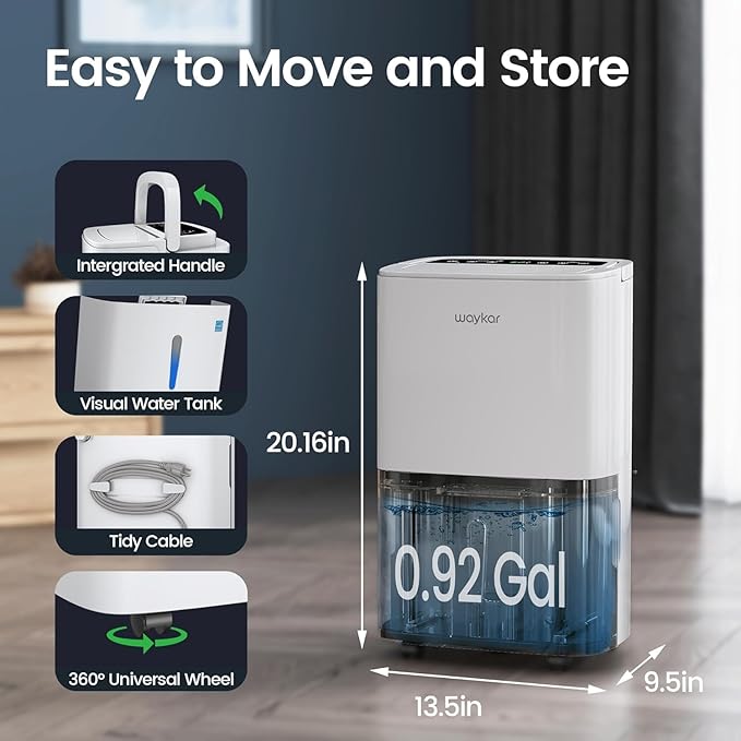 Waykar 6,500 Sq. Ft. 120 Pints 2025 Energy Star Dehumidifier for Home and Basement with Auto or Manual Drainage, Portable, Auto Defrost and Self-Drying, Ideal for Large Rooms