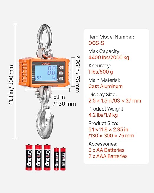 VEVOR Digital Crane Scale, 4400 lbs/2000 kg Max Capacity, Heavy Duty Industrial Hanging Scale with Cast Aluminum Case & LCD Display, 1 lbs Division & 3 Unit Switch, Remote Control for Garage Factory