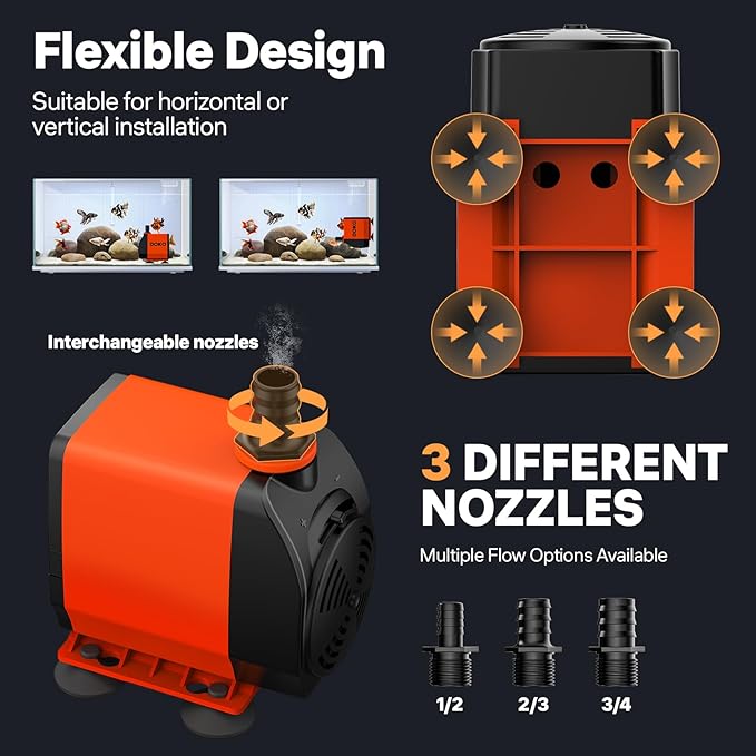 DOKO 1050GPH Submersible Water Pump, 100W Ultra Quiet Fountain Water Pump with 13ft Head Lift, 6FT Power Cord & 3 Nozzles - for Ponds, Aquariums, Waterfalls, Fish Tanks & Hydroponics