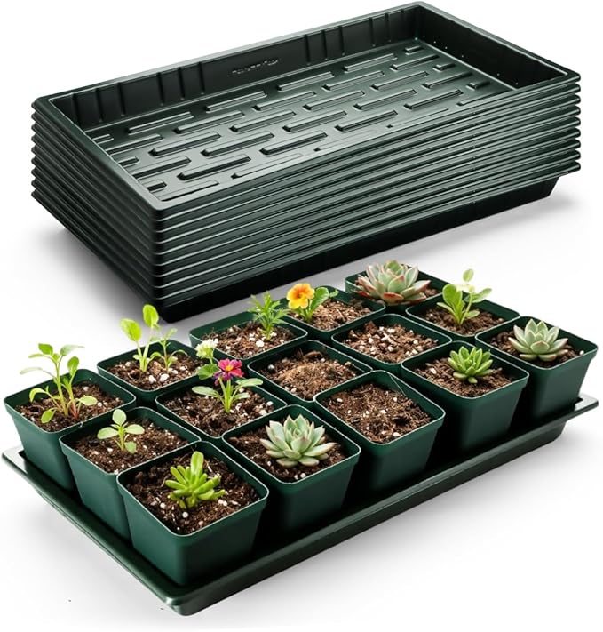 RooTrimmer 10 Pack Heavy Duty 1020 Trays No Holes - 1.6 Inch Deep Shallow Nursery Flats, Reusable Seed Starter Trays for 72/128 Cell Inserts, Microgreens, Seedling and Hydroponics (Dark Green)