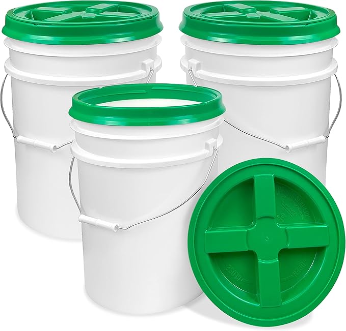ePackageSupply 5 Gallon Bucket - Food Grade Bucket with Airtight Gamma Seal Screw-On Lid, BPA-Free, Heavy-Duty 90 Mil HDPE Plastic, Bulk Storage, Durable Container, Made in USA, White/Green, 3 Packs