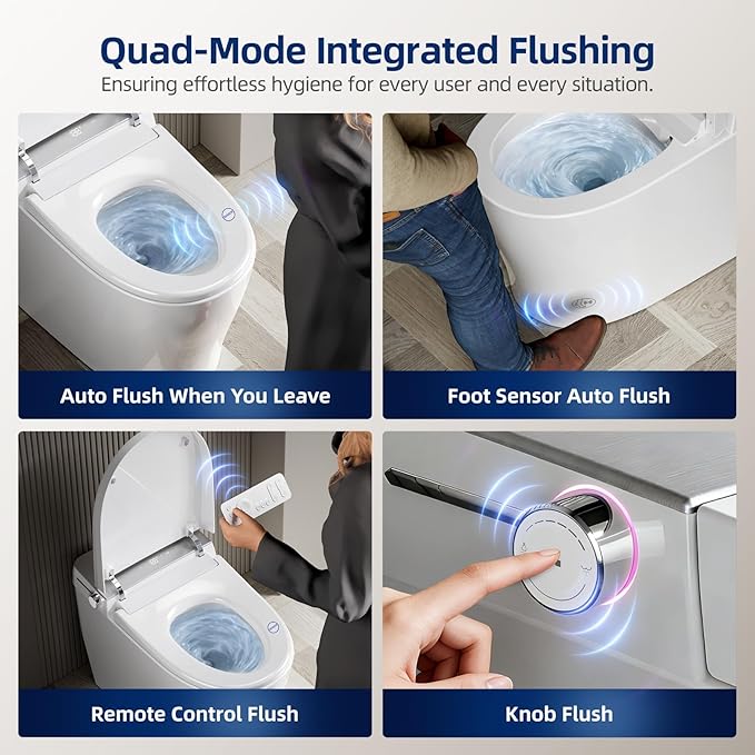 Commercial Grade Smart Toilet with Built-in Tank and Pump - 12” Rough-in, Low Water Pressure Solution, Heavy Duty Smart Bidet Toilet with Knob Control, Foot Sensor Flush, Blackout Flush