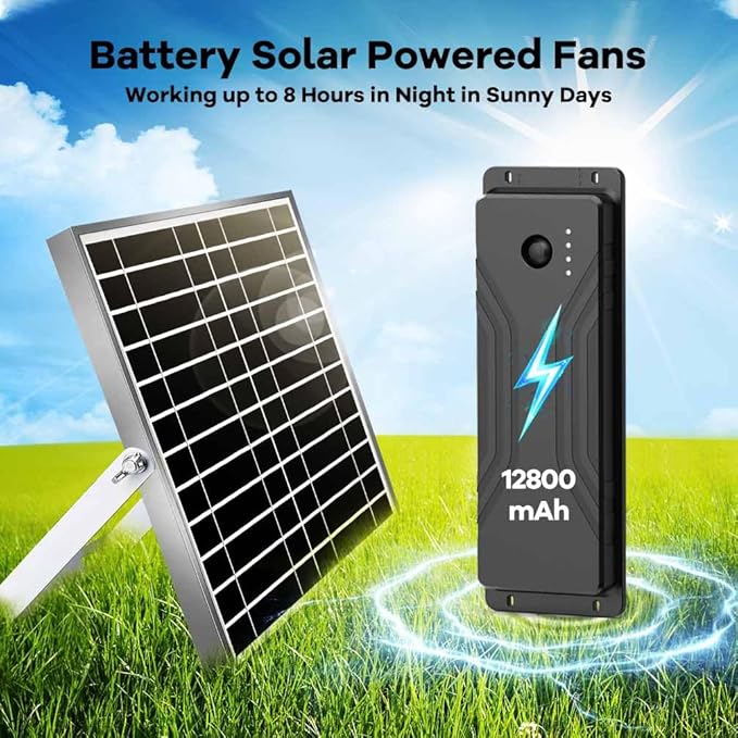 Solar Powered Fan with Battery, Rechargeable Solar Fan for Chicken Coop, Greenhouse, Shed, Outside with Two IPX7 Waterproof Exhaust Intake Fans 16.5Ft On/Off Switch Cable