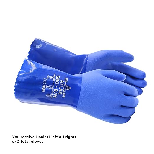 SHOWA Atlas 660 Triple-Dipped PVC Chemical Resistant Gloves, Heavy-Duty Gloves, Rough Finish Grip, Seamless Cotton Liner, 12" Length, Blue, XX-Large, 1 Pair