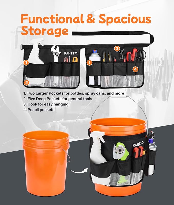 Bucket Tool Organizer, 5 Gallon Garden Bucket Tool Bag, Waterproof Bucket Storage Caddy with Mesh Pocket, Versatile for Car Wash Suppliers, Gardening Tools, Fishing Gear, Fit 3.5 to 5 Gallon Buckets