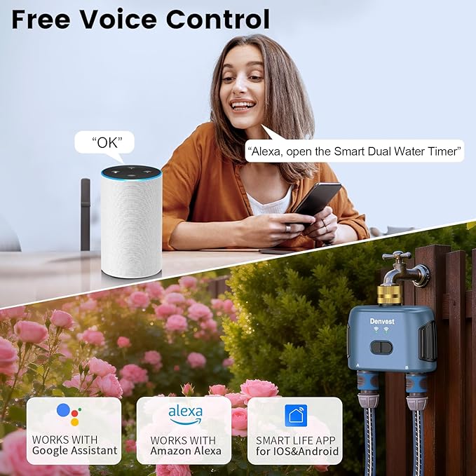 WiFi Water Timer for Garden Hose with Brass Inlet,Smart Hose Timer with WiFi Hub, APP & Voice Control,Up to 20 Watering Plans, 2-Zone Sprinkler Drip Irrigation System Controller for Yard Lawn Watering