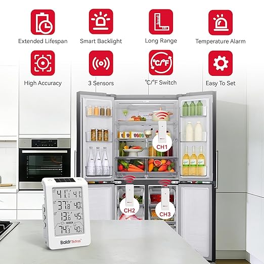 Wireless Freezer Monitor with 3 Sensors, 328ft Long Range Digital Refrigerator Thermometer with Min/Max Temp and Smart Adjustable Orange Backlight, for Home, Garage & Breast Milk