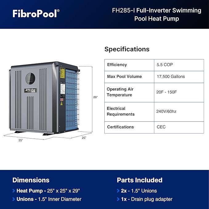 FibroPool FH285-i Full Inverter Pool Heat Pump – Electric Heater for Pools up to 17,500 Gallons, WiFi App Control, High Efficiency Titanium Heat Exchanger, No Gas Needed