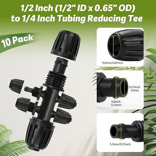 10 Pack 1/2" To 1/4" Drip Irrigation Fittings, 1/2 Inch (1/2" ID x 0.6-0.65" OD) Drip Line to 1/4 Inch Irrigation Tubing Barbed Adapter Anti-Drop Locked Nut Barbed Reducer 6 Way Tee Connectors