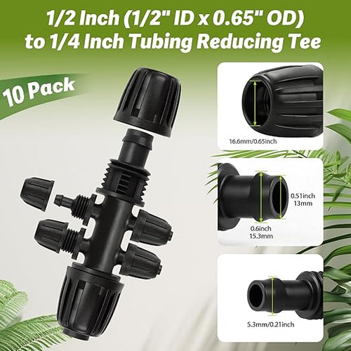 10 Pack 1/2" To 1/4" Drip Irrigation Fittings, 1/2 Inch (1/2" ID x 0.6-0.65" OD) Drip Line to 1/4 Inch Irrigation Tubing Barbed Adapter Anti-Drop Locked Nut Barbed Reducer 6 Way Tee Connectors