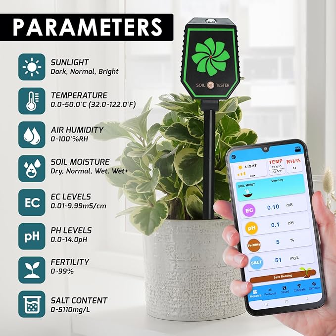 8-in-1 Bluetooth Soil Meter for pH, EC, Moisture, Fertility, Temperature, Light, and Humidity Monitoring with Real-Time App Control, Data Logging, and Precise Calibration for Plant Care