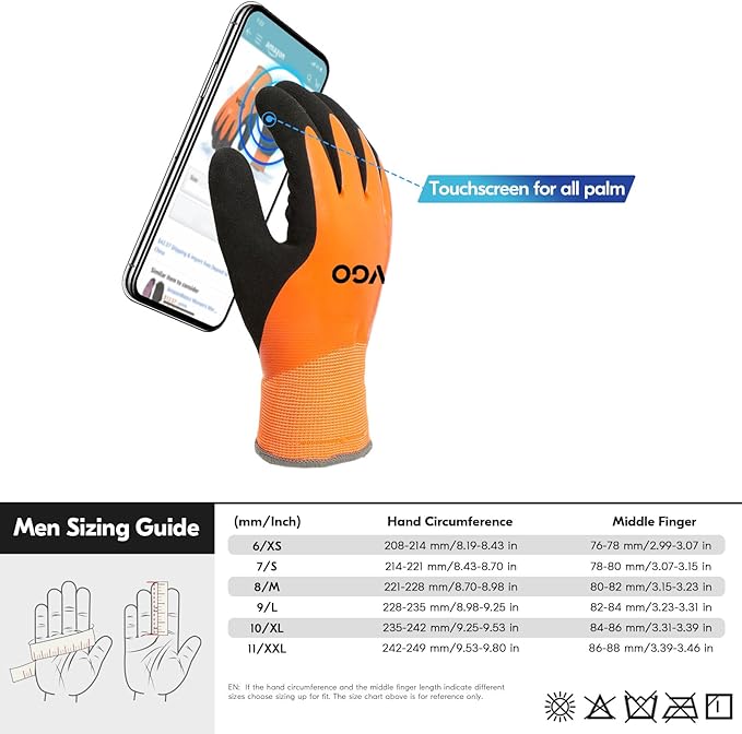 Vgo... 0°C/32°F Winter Double Lined Work Gloves for Men,Cold Storage,Freezer Use,Rubber Latex Coated,Touchscreen(XL,Orange,RB2172FL)