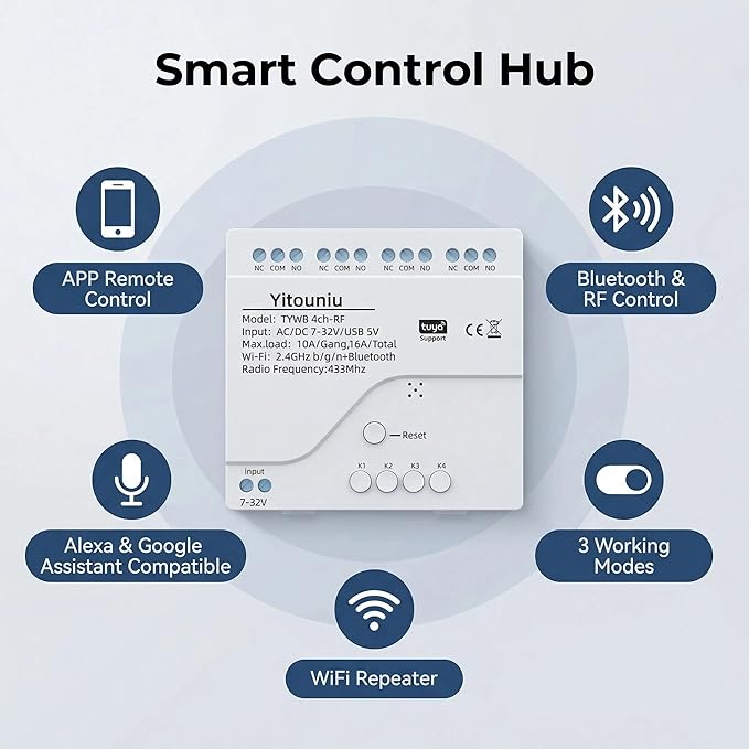 4CH Wireless Relay Module | Smart Home Control | Remote Switch | Self-Locking Mode | Tuya APP & Bluetooth Compatible