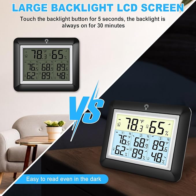 Urageuxy Indoor Outdoor Thermometer Wireless with 3 Sensors, 328ft Range Digital Hygrometer Temperature Humidity Monitor for Home, Greenhouse, Kitchen, Bedroom, Backlight, Black