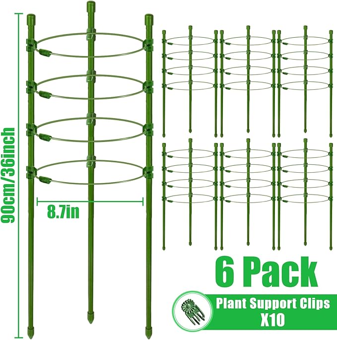 Legigo 36 Inch 6 Pack Plant Support Cages Tomato Cage for Garden with 10 Plant Clips- Plant Cages Adjustable Rings, Tomato Plant Support Stakes Trellis for Pots, Peppers, Cucumbers and Flowers