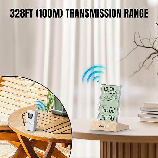 Raddy V5 Wireless Weather Station for Indoor Outdoor Thermometer Hygrometer, Battery Powered Temperature & Humidity Monitor with 5.0’’ LCD Display, Weather Forecast, Wireless Remote Sensor