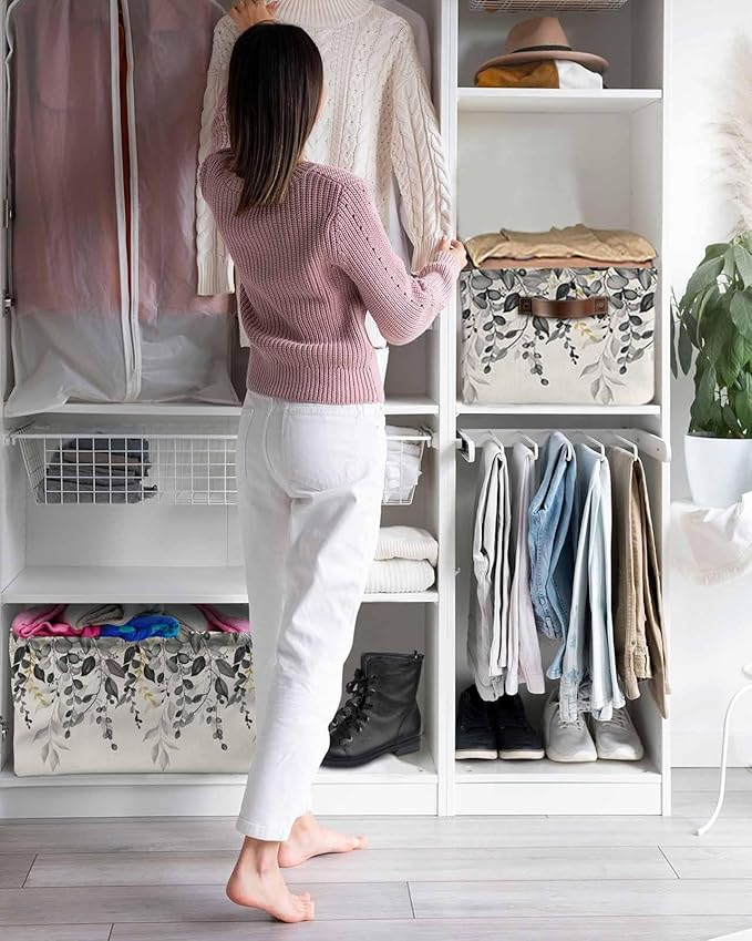 Grey Eucalyptus Storage Bins Cubes Waterproof Cloth Storage Basket, Farmhouse Weeping Leaves on Linen Foldable Storage Bags for Shelf Closet Clothes Storages Organizers with Handles 15x11x9.5 in 2PCS