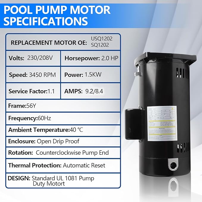 USQ1202 Pool Pump Motor 2HP Square Flange 56Y Frame 1.1 Service Factor 230 Volts 9.2 Amps 3450 RPM Replacing Cen-tury/AO.Smi-th Pool Pump Motor SQ1202 Compatible with Hayward Max-Flo II Pump