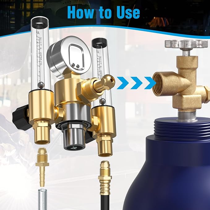 BETOOLL Dual Output Argon Regulator - MIG/TIG Flow Meter Gas Gauge with 2PCS 6.6 Feet Hoses, 0-60 SCFH, 0-4500 PSI, CGA580 Inlet Connection for Argon/CO2